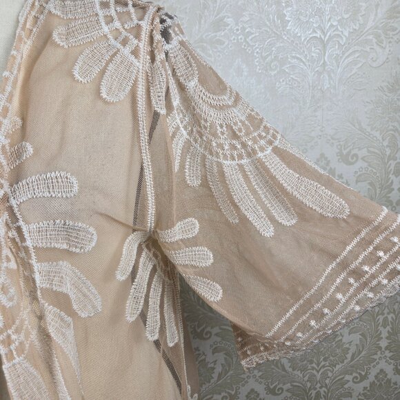 Rebellion Again One Size Boho Ivory Cream/Blush Open Front Kimono CoverUp - Picture 4 of 10